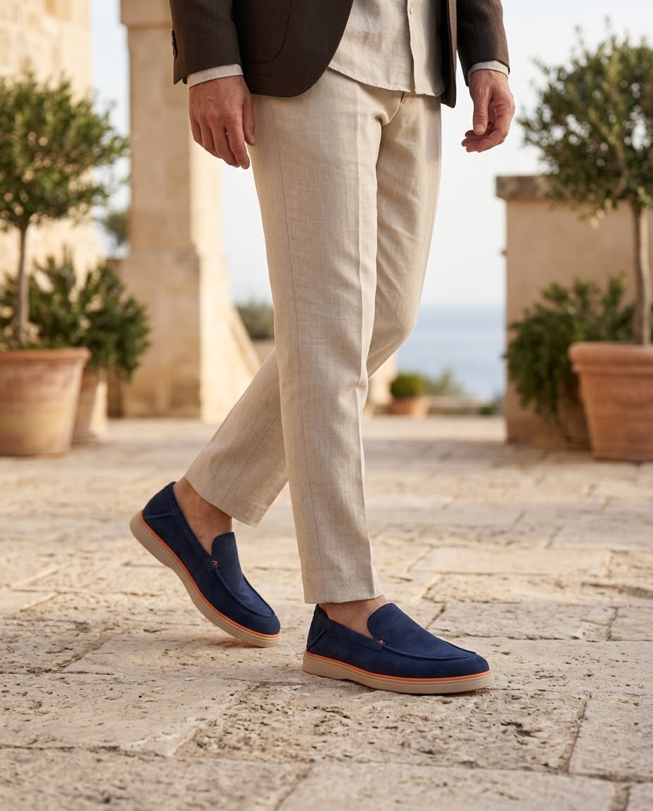 Mocassin VELVORA Bleu Marine porté en extérieur